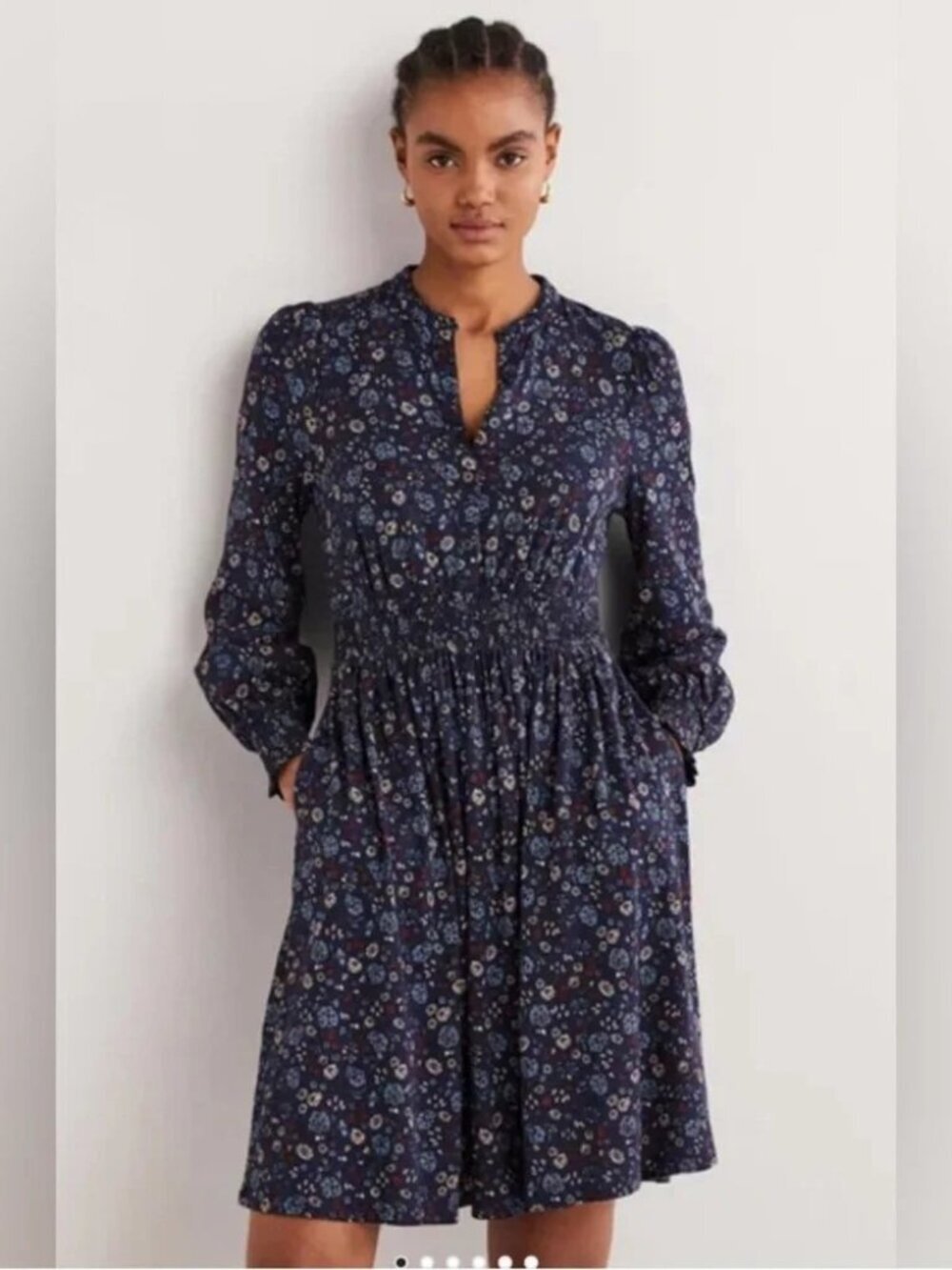 Boden Blue Floral Smocked Jersey Shirt Dress
